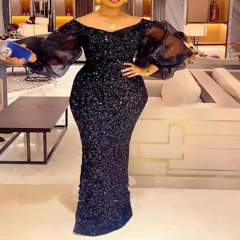 Vestido de Tubo | Talla Grande | Lentejuelas y Manga Abombada