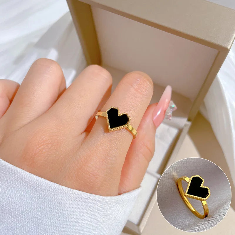 Anillos simples de corazón de amor de concha de acero inoxidable para mujeres y niñas, anillos de concha blanca y negra, regalos de joyería para amigos
