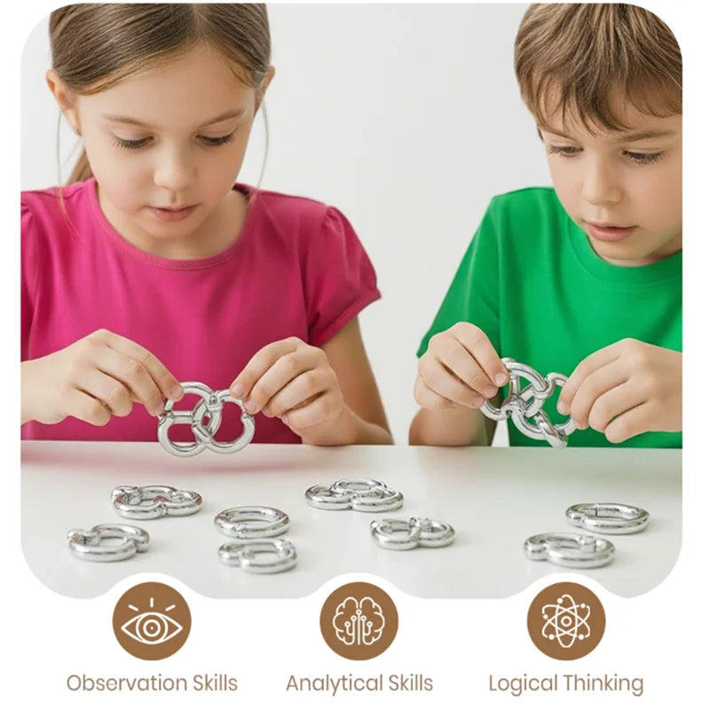 8 unids/set juego de anillos de rompecabezas de Metal juego de rompecabezas inteligente anillo y hebilla liberación IQ rompecabezas juguetes para niños adultos desarrollo cerebral