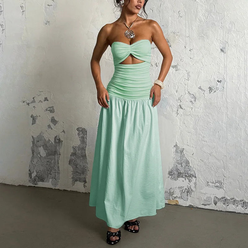 Vestido Plisado Sin Tirantes Hombros Descubiertos