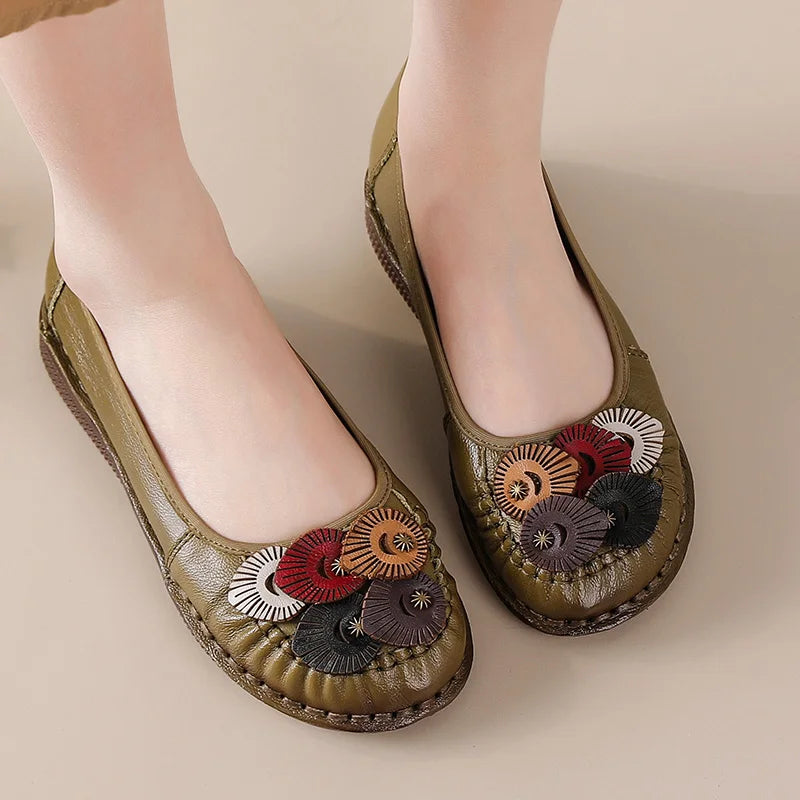 Mocasines Étnicos de Cuero Genuino para Mamá | Punta Redonda | Antideslizantes | Verano 2025