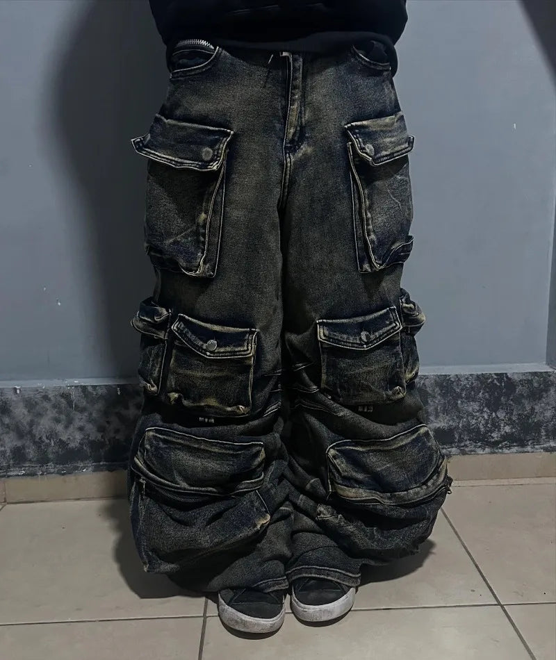 Jeans Y2K Lavado Multibolsillo | Holgado Pierna Ancha | Hip-hop Punk Vintage | Ticotrendy
