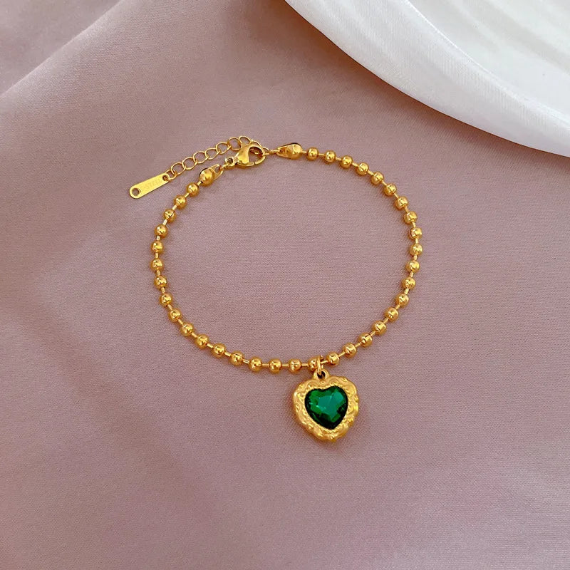 Pulseras con dijes de corazón de amor de cristal verde Vintage de acero inoxidable para mujer, accesorios de mano elegantes, regalos para amigos