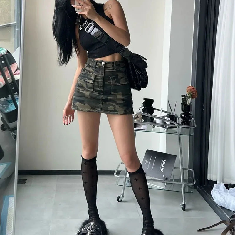 Falda de Mezclilla Camuflaje | Cintura Alta | Estilo Americano Retro