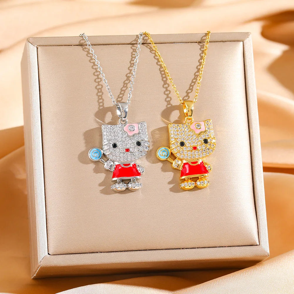 Sanrio moda lindo circón Hello Kitty con piruleta colgante collares para mujeres niñas Collar de moda accesorios joyería regalos