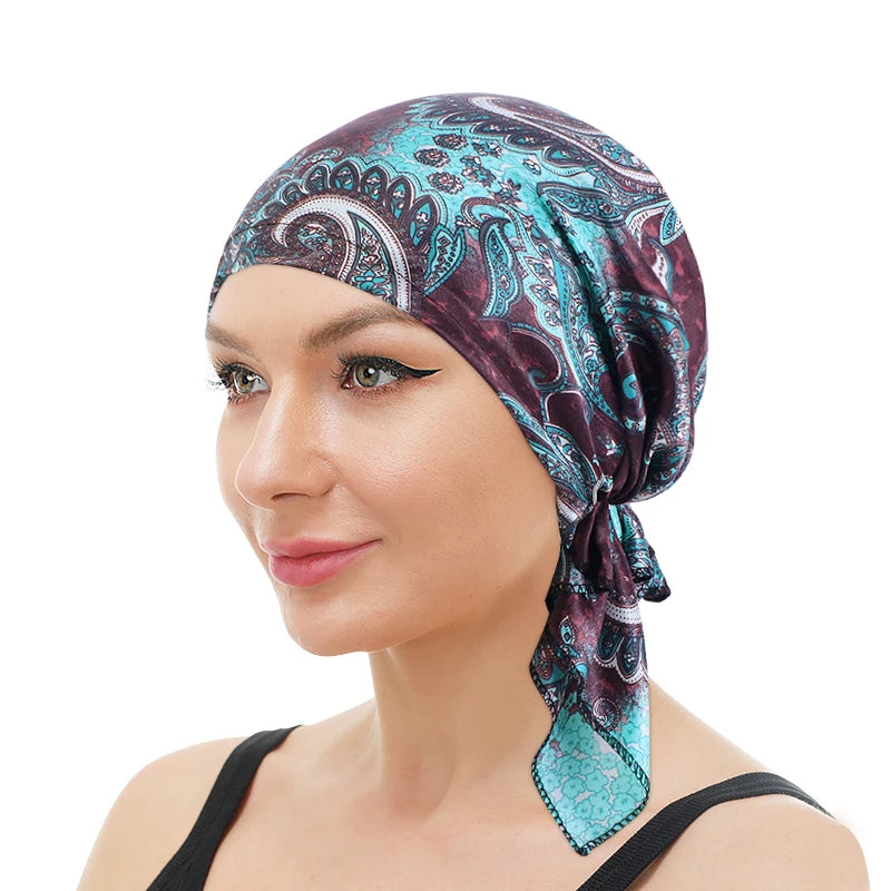 Turbante de satén preatado para mujer, diadema musulmana con patrón de Cachemira, bufanda para el pelo flexible suave, gorro para quimio, Bandana para envolver la cabeza, 2022