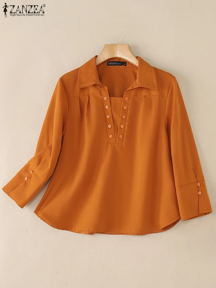 Blusa de Oficina para Mujer 2025 | Cuello Solapa y Manga 3/4 | Tallas Grandes | Ticotrendy