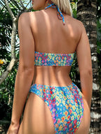 Bikini con Estampado Floral, Halter Ahumado y Parte Inferior de Tiro Alto