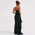 Vestido negro de fiesta 2025 | Sin tirantes, con espalda descubierta y abertura