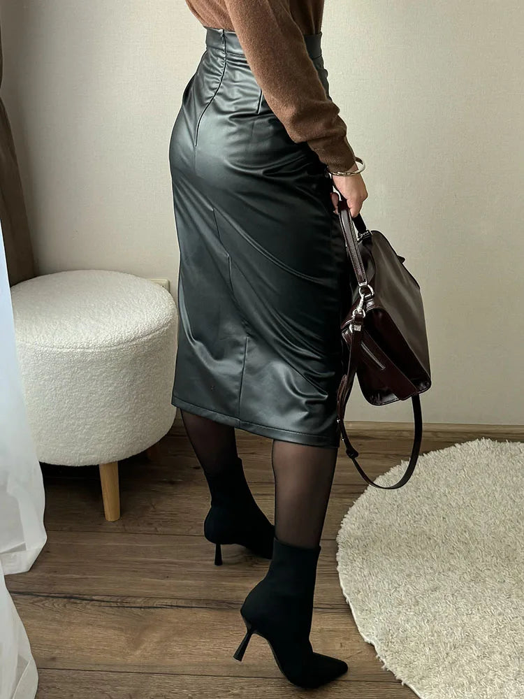 Falda Midi De Cuero Sintético Con Abertura Y Pliegues Sexy