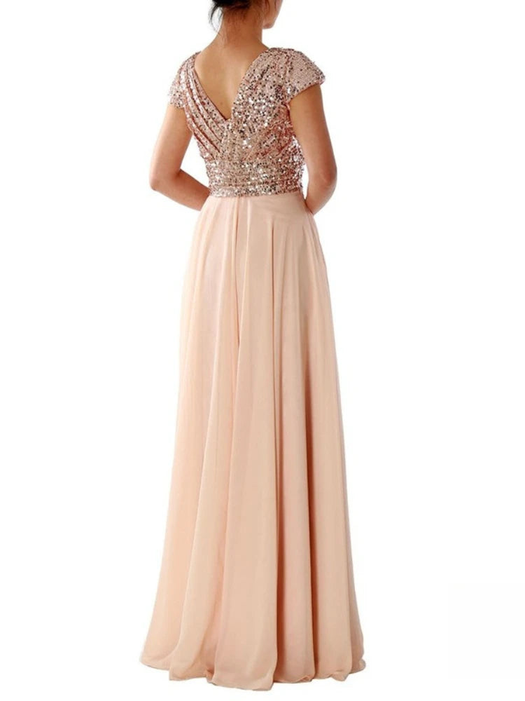 Vestido Cóctel Gasa Plisado Elegante Lentejuelas | Cuello V Formal Longitud Suelo