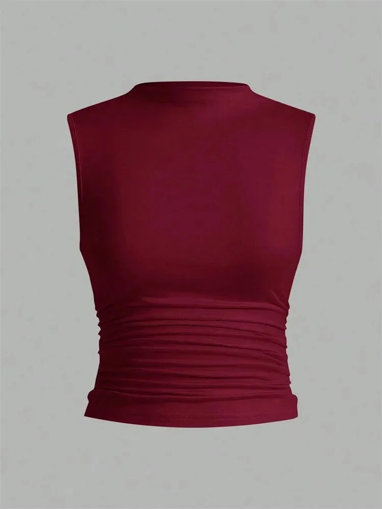 Top corto plisado con cuello simulado para mujer, camiseta sin mangas básica sin mangas fruncida de Color sólido de verano, ropa de calle