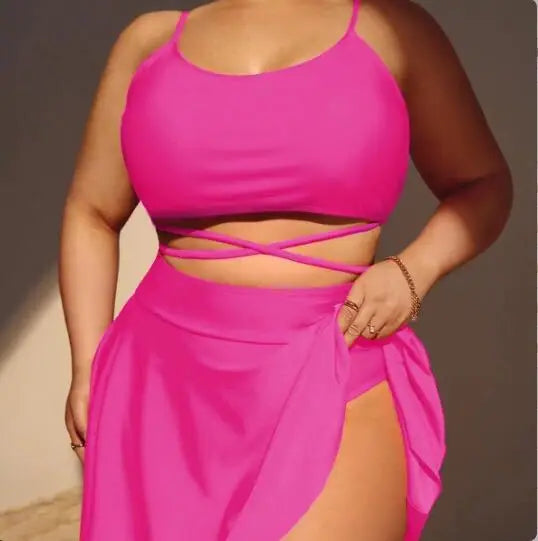 Bikini de 3 Piezas Talla Grande | Falda Cintura Alta | Color Sólido