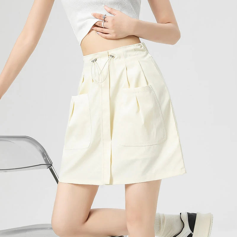 Falda Cargo Con Bolsillos Y Cordón Estilo Retro Americano