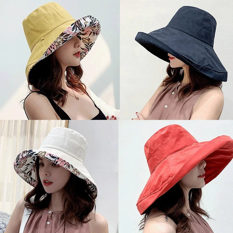 Sombrero con forma de cubo para mujer, sombrero de pescador panameño para las cuatro estaciones, ala grande, doble cara, Color sólido, visera, primavera y verano, 2025