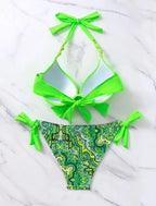 Bikini de Neón con Lazo Lateral y Estampado de Cachemira Push Up