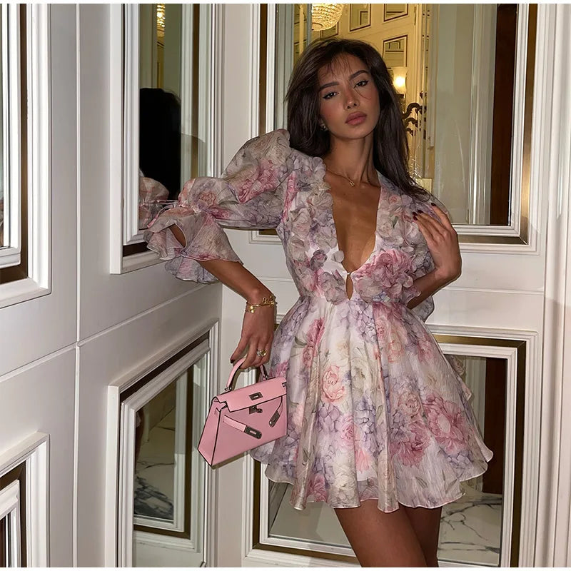 Vestido elegante con empalme de flores en 3d para mujer, minivestido con cordones, sin espalda, sin mangas, con dobladillo plegable, para playa