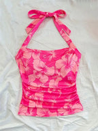 Top corto con cintura fruncida Floral para mujer, Top Sexy con estampado con dibujo de verano, camiseta sin mangas con cuello Halter y espalda descubierta, ropa de calle Y2K