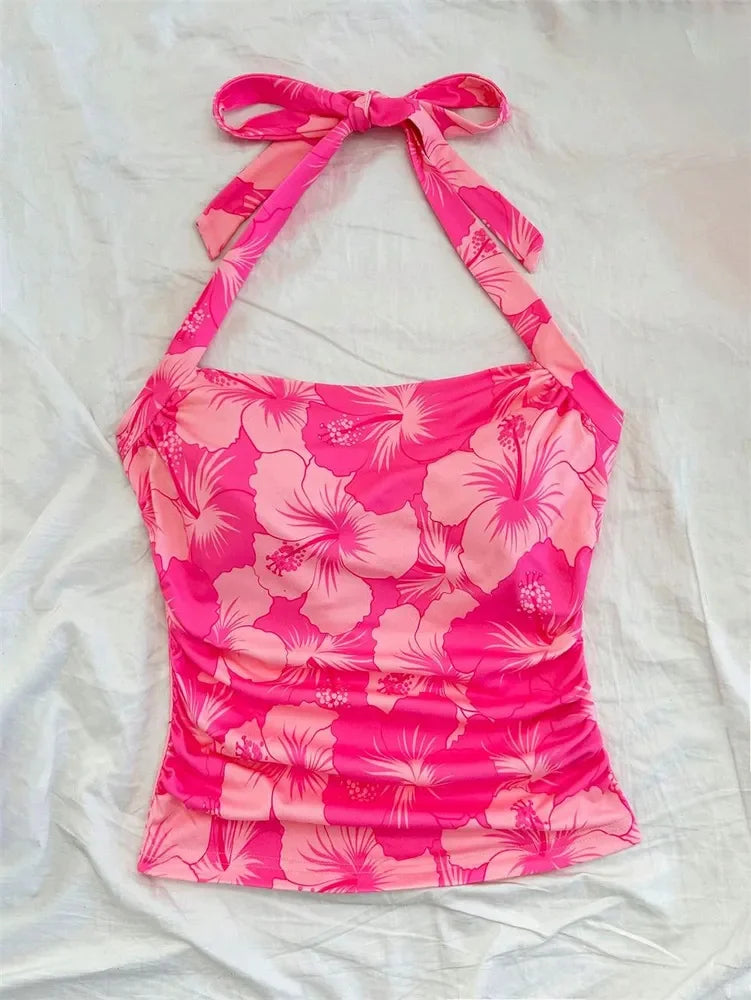 Top corto con cintura fruncida Floral para mujer, Top Sexy con estampado con dibujo de verano, camiseta sin mangas con cuello Halter y espalda descubierta, ropa de calle Y2K