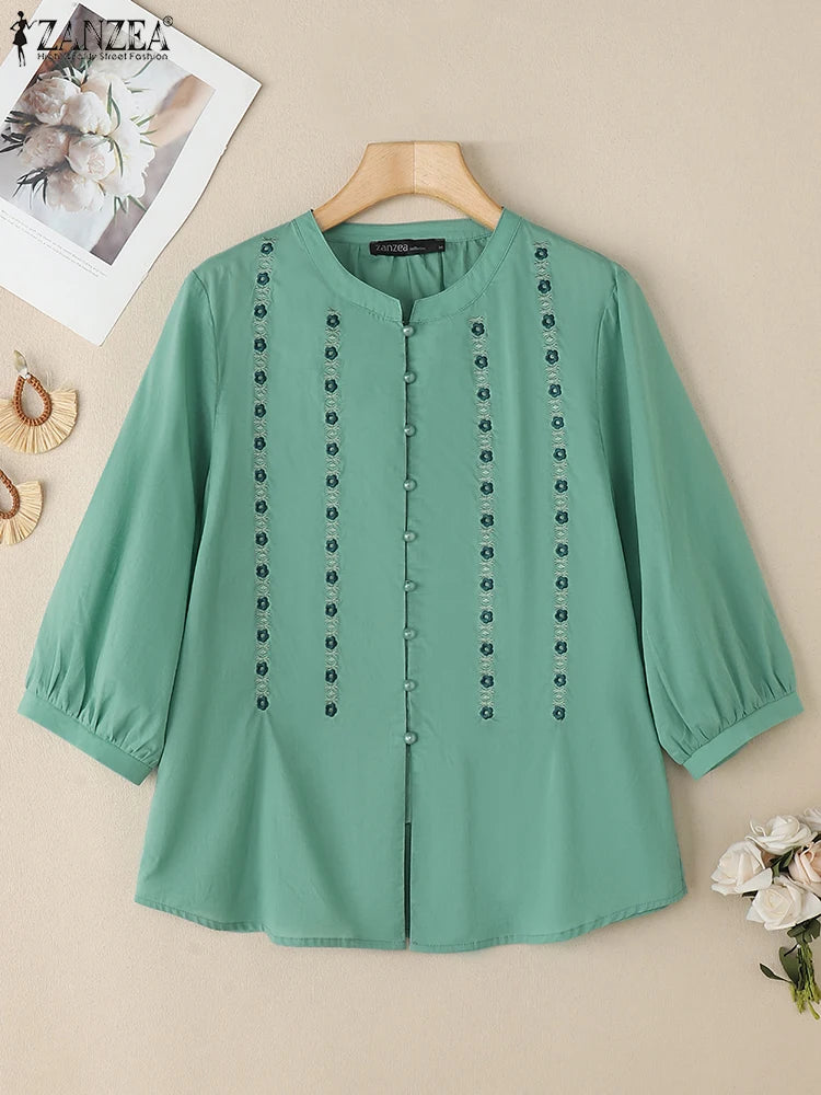 Blusa Vintage 2025 para Mujer | Bordado Floral | Túnica Holgada con Botones | Ticotrendy