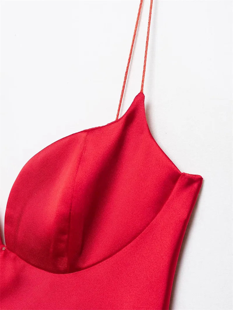 Vestido Rojo Satinado | Cuello en V y Cremallera Trasera | Tropical 2025