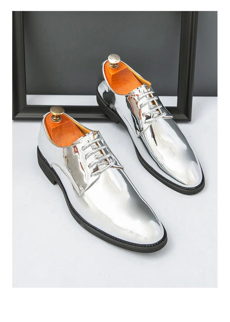 Zapatos Hombre Charol Plateados Lujo Boda Fiesta Punta Puntiaguda | Talla Grande
