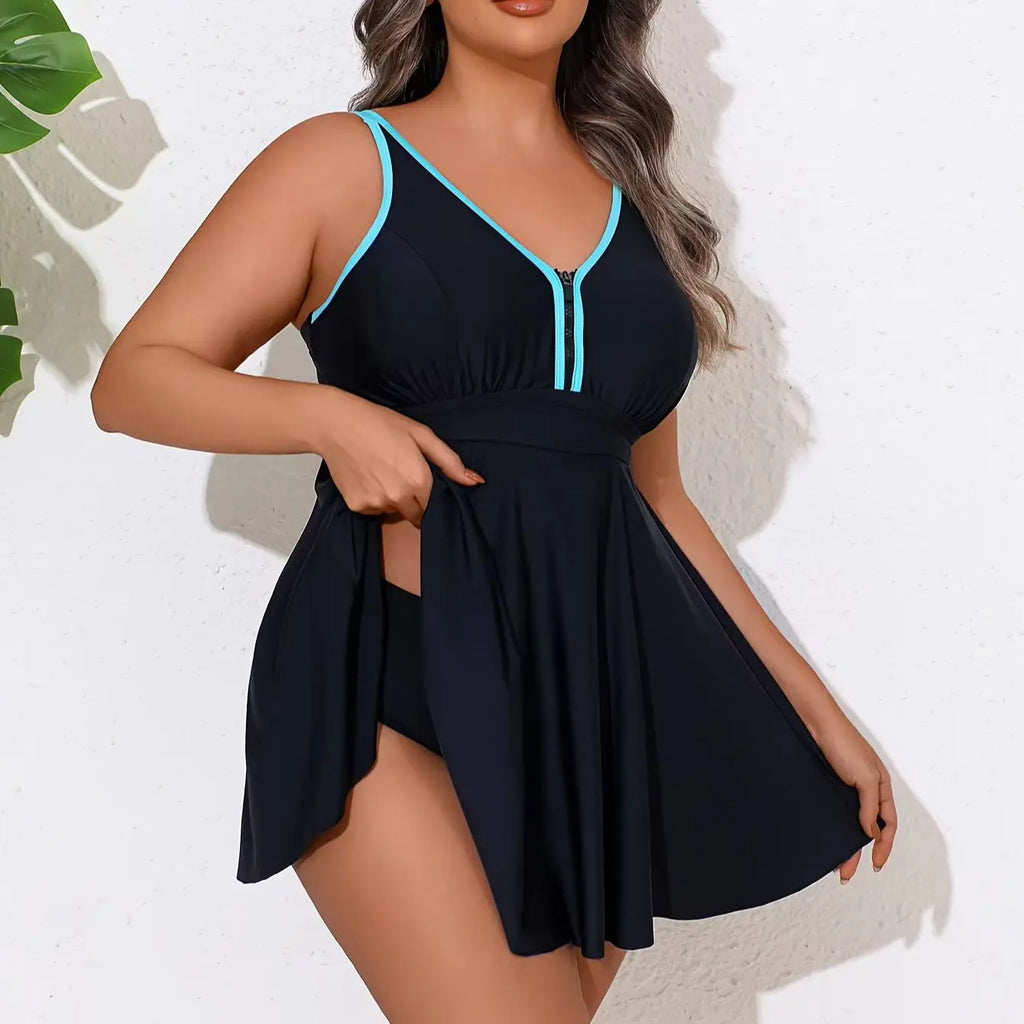 Tankini Cuello en V con Lazos y Falda Talla Grande