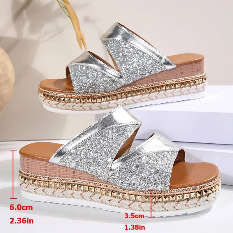 Sandalias de Cuña Doradas con Lentejuelas | Mujer