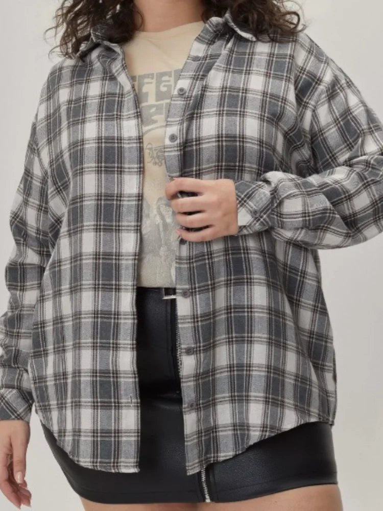 Camisa Cuadros Gris Diseño Simple Plus Size | Manga Larga Holgada | Tallas 1XL-5XL | Tico Trendy