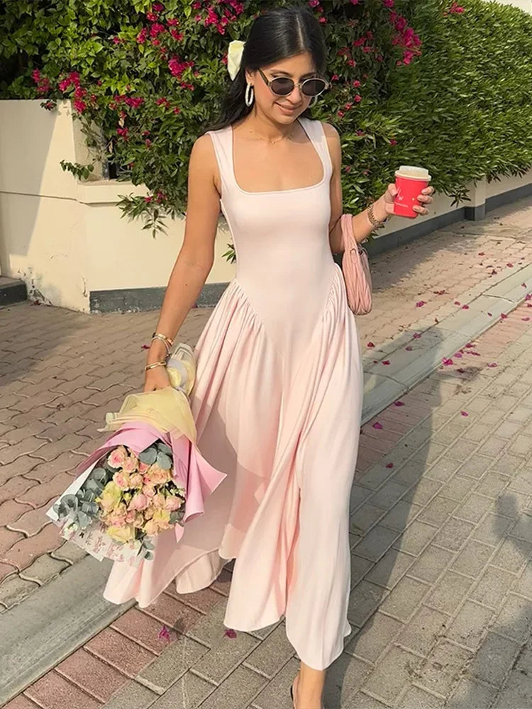 Vestido Camisola Largo sin Mangas Elegante con Cuello Cuadrado