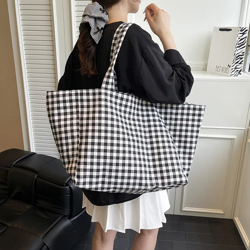 Bolso De Mano Lona Mujer Shopper A Cuadros Grande