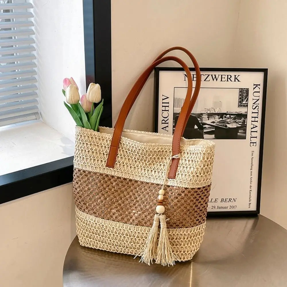 Bolso de Paja Tejida Hecho a Mano con Colgante de Flecos para Mujer