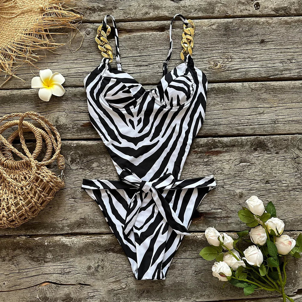 Traje De Baño Sexy Rayado Cintura Alta Playa Mujer Una Pieza