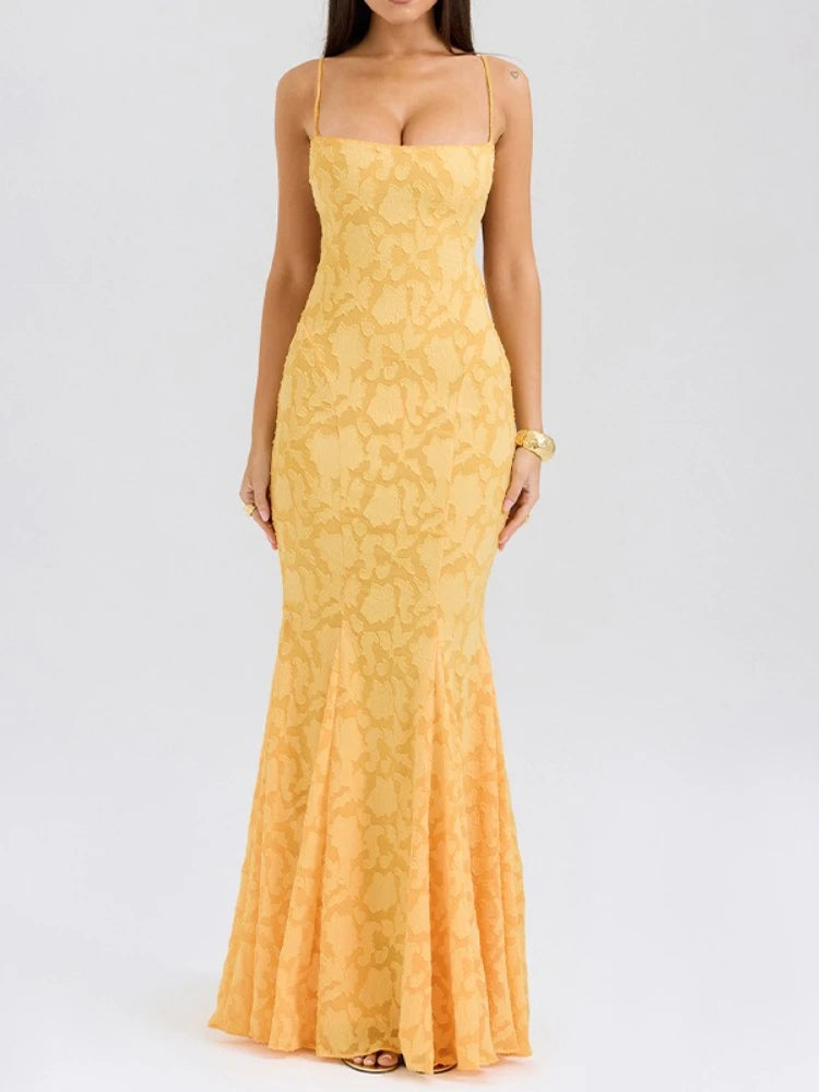 Vestido Largo Tipo Sirena Con Tirantes Finos Jacquard Sexy 2025