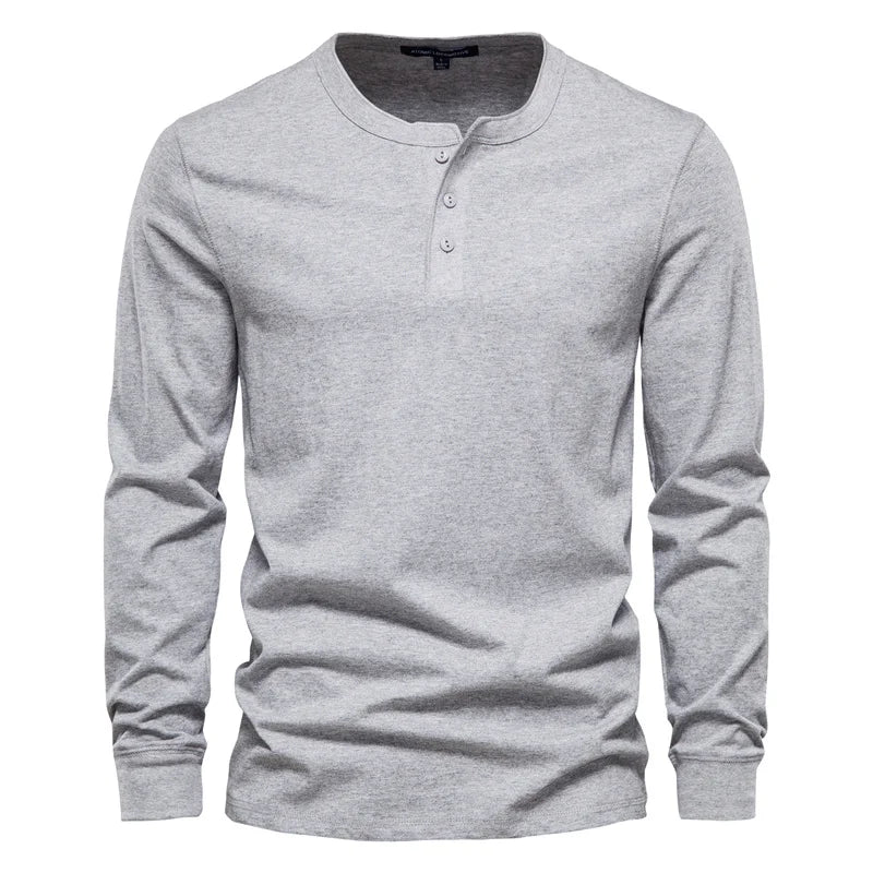 Camiseta Cuello Henley Color Sólido Hombre | Manga Larga Alta Calidad | Tallas XS-5XL | Tico Trendy