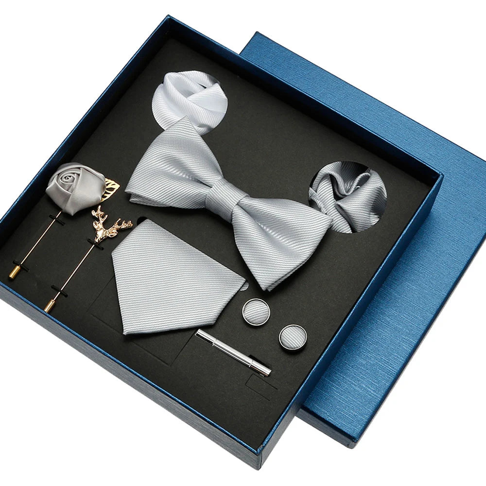 Set de Lujo Corbata Pajarita Pañuelo Gemelos Estilo Tico Elegante