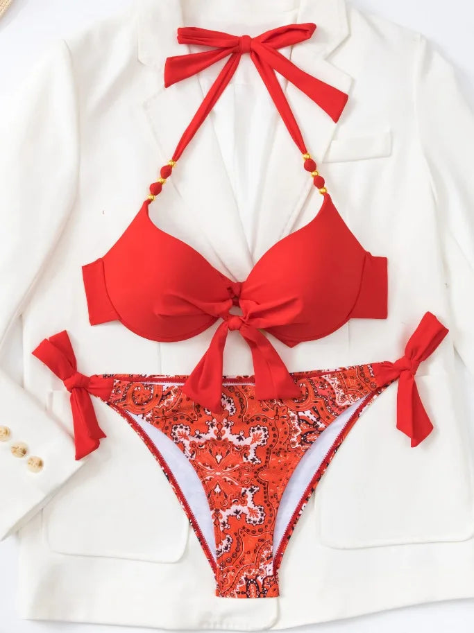 Bikini de Neón con Lazo Lateral y Estampado de Cachemira Push Up