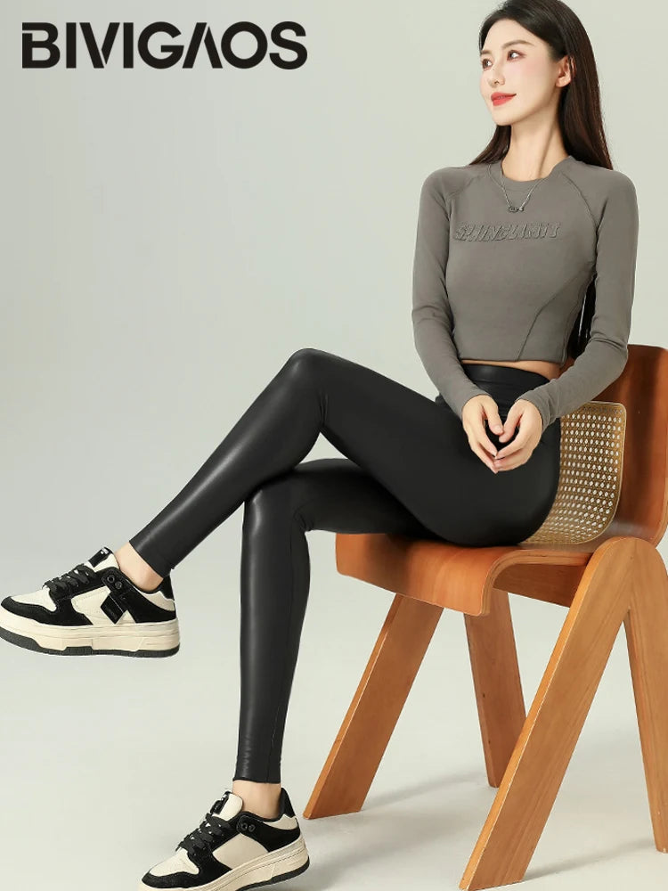 Leggings PU Cuero Invierno | Lana Fina Sexy Ajustado | Cintura Alta Elástico Cálido