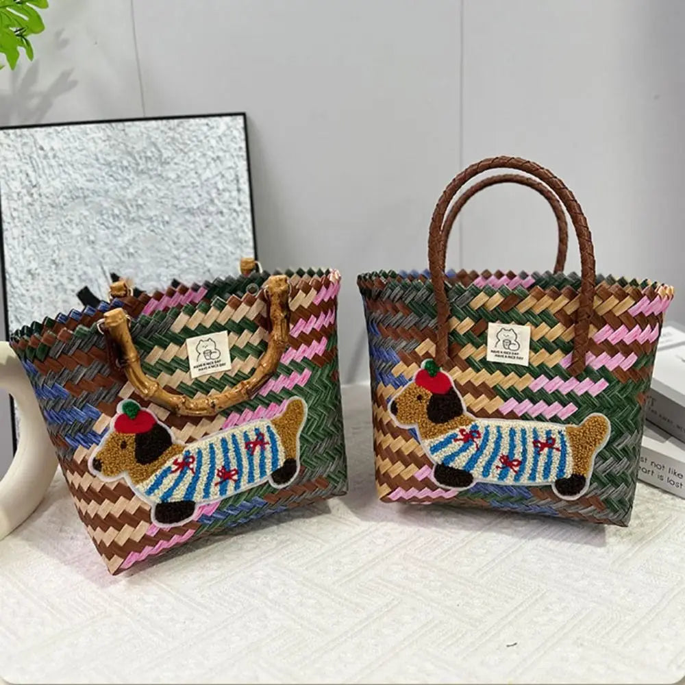 Bolso Tejido de Gran Capacidad con Diseño de Perro Salchicha y Asa de Bambú