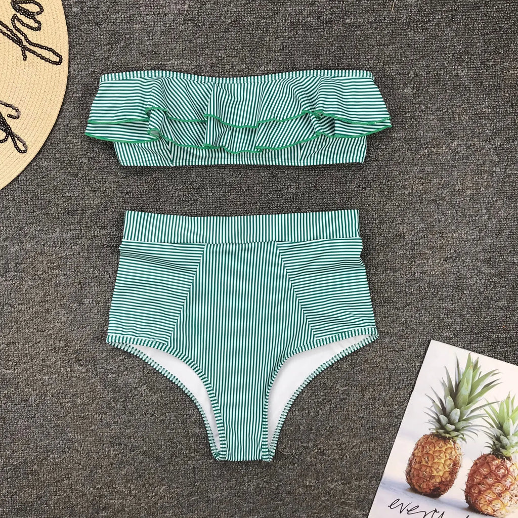 Bikini De Cintura Alta Rayas Irregulares Playa Mujer Dos Piezas