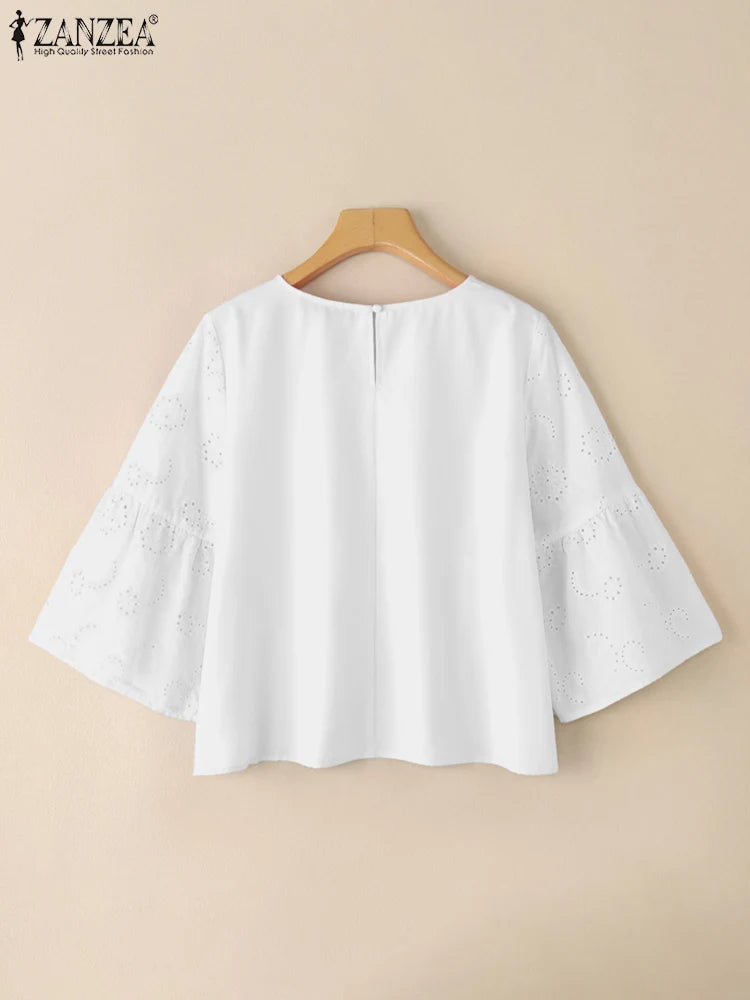 Elegante Blusa de Verano Bohemio Manga Tres Cuartos con Huecos