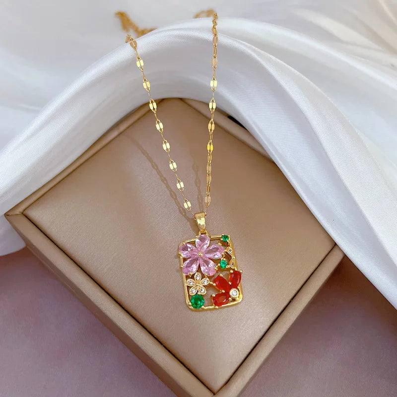 Collares con colgante cuadrado de flor de circón colorido Vintage para mujer, cadena de acero inoxidable de Color dorado, regalos de joyería de lujo
