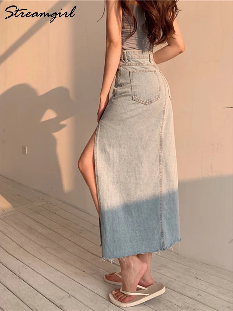Maxi Falda Vaquera Vintage | Abertura Lateral | Estilo Coreano