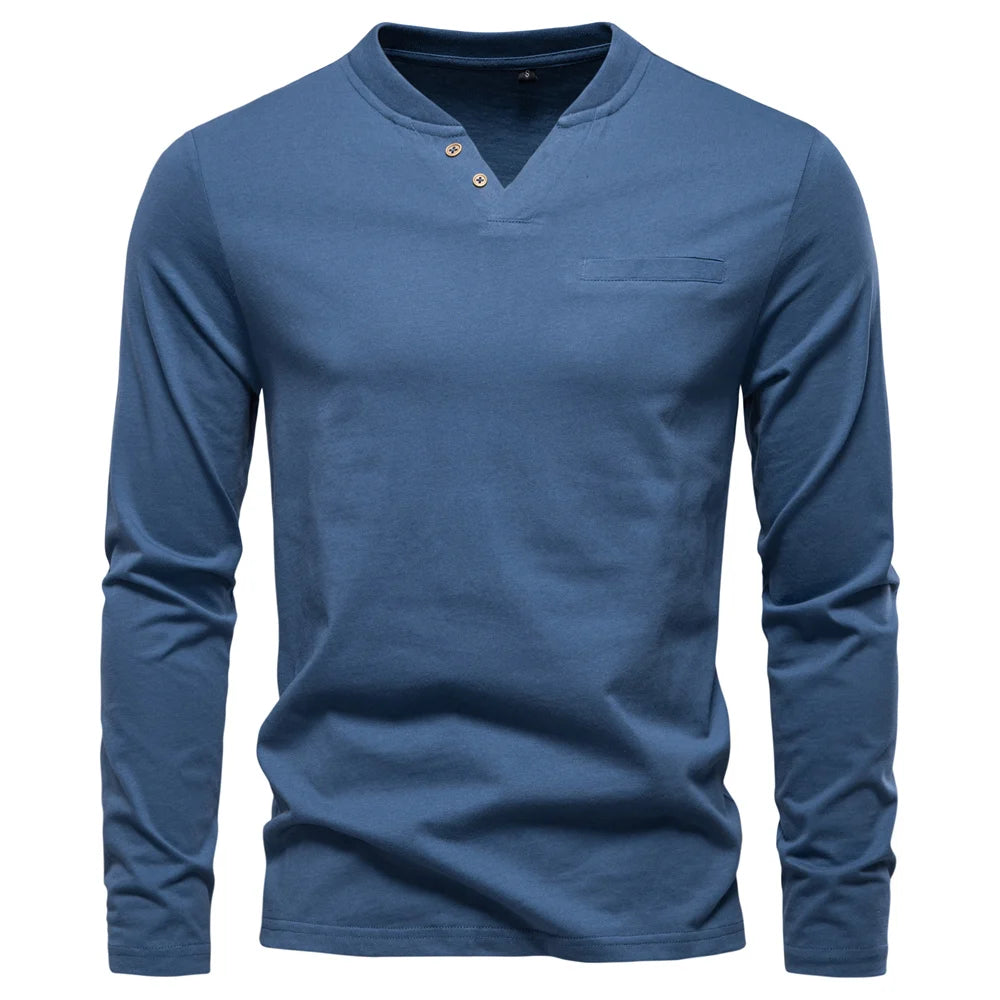 Camiseta Cuello Henley Algodón Hombre | Manga Larga Alta Calidad | Tallas S-XXL | Tico Trendy
