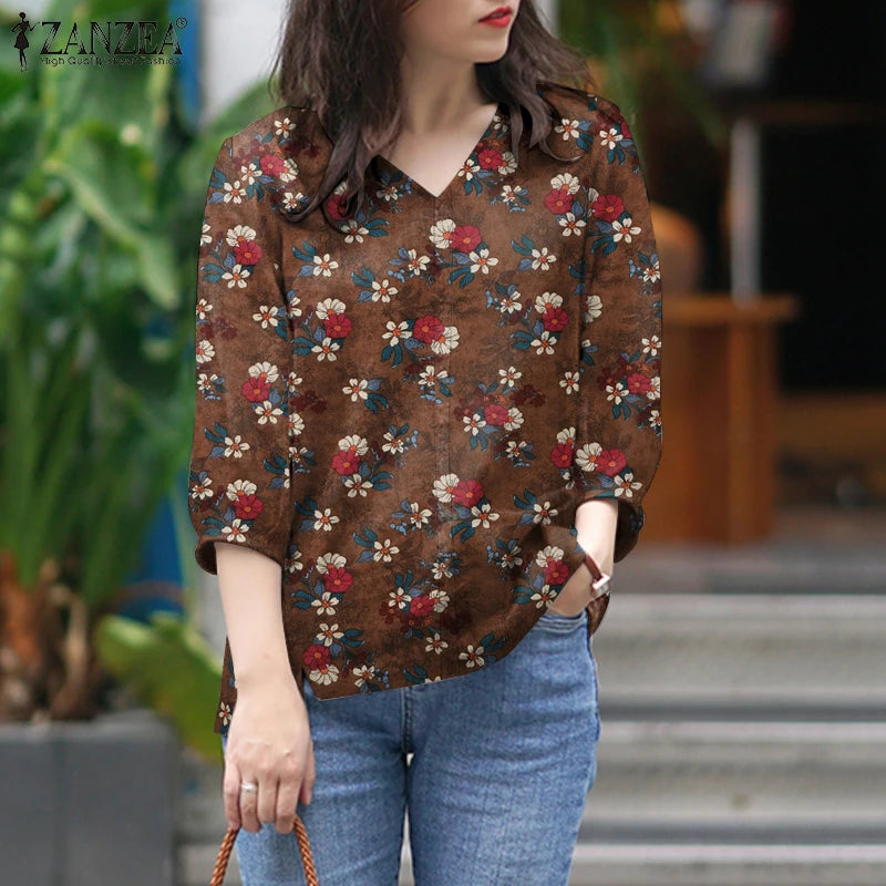 ZANZEA Blusas de algodón con estampado Floral de talla grande para mujer, blusas de manga 3/4 con cuello en V, Top de corte alto-bajo, Blusas informales para primavera y verano, 5XL