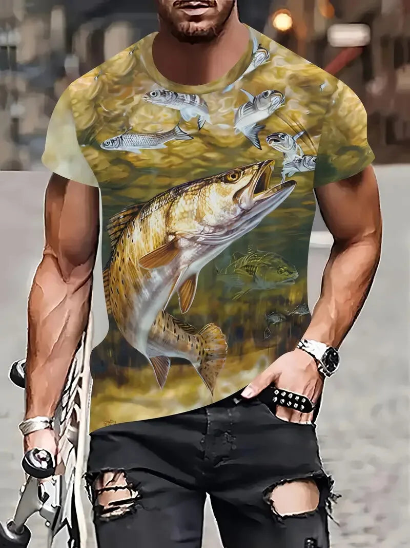 Camiseta Hombre Vintage Estampado Gráfico Peces | Manga Corta Secado Rápido