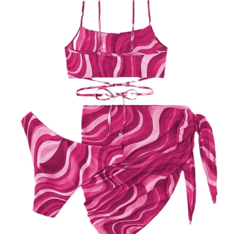 Bikini con Estampado Ondulado y Falda - Conjunto Práctico y Bonito