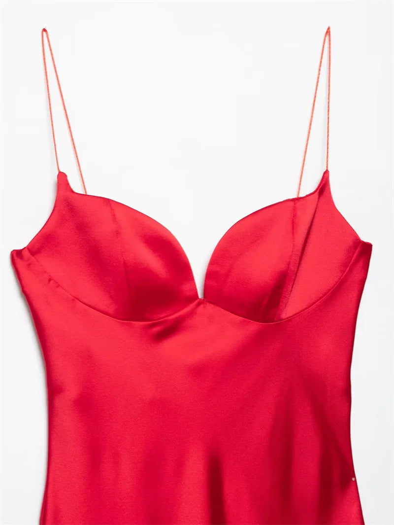 Vestido Rojo Satinado | Cuello en V y Cremallera Trasera | Tropical 2025
