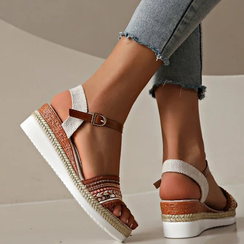 Sandalias Plataforma Cuña Vintage Flecos Cáñamo | Calzado Casual Estilo Moderno