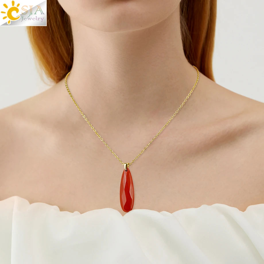Colgante Gota Agua Piedra Natural Cristal Cadena Acero | Joyería Sanación